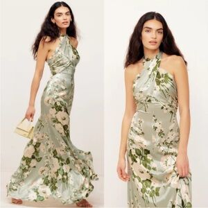 Reformation Veria Dress Size 8. Silk Tarragon Floral. Wrap Halter, Tie-back.